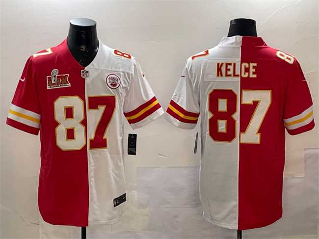 Men's Kansas City Chiefs #87 Travis Kelce Red & White Split 2025 Super Bowl LIX Patch Vapor Limited Stitched Jersey,We sell and wholesale Men's Kansas City Chiefs #87 Travis Kelce Red & White Split 2025 Super Bowl LIX Patch Vapor Limited Stitched Jersey on line form chian!